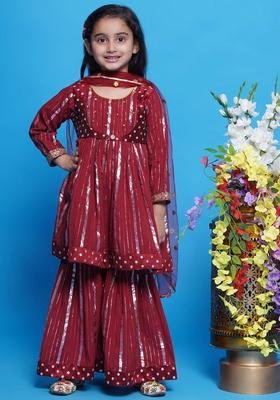 Maroon Striped Cotton Kurta Set For Girls