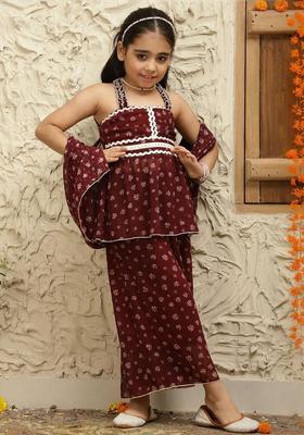 Maroon Printed Georgette Kurta Set For Girls