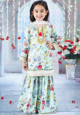 Green Printed Cotton Kurta Set For Girls