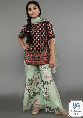 Black Embroidered Georgette Kurta Set For Girls