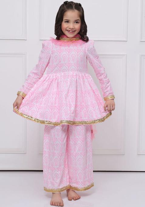 Pink Cotton Kurta Set For Girls — view on Indya