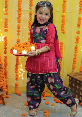 Pink Printed Silk Kurta Set For Girls