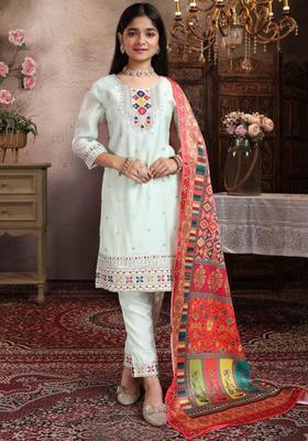 Lime Green Embroidered Silk Kurta Set For Girls