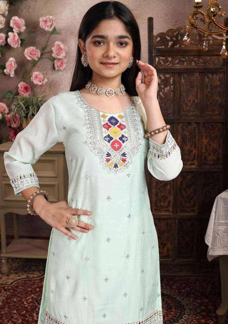 Lime Green Embroidered Silk Kurta Set For Girls - Indya