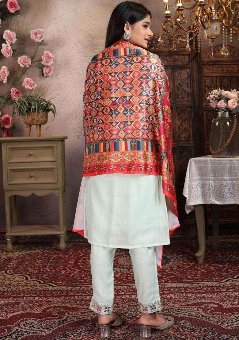 Lime Green Embroidered Silk Kurta Set For Girls - Indya