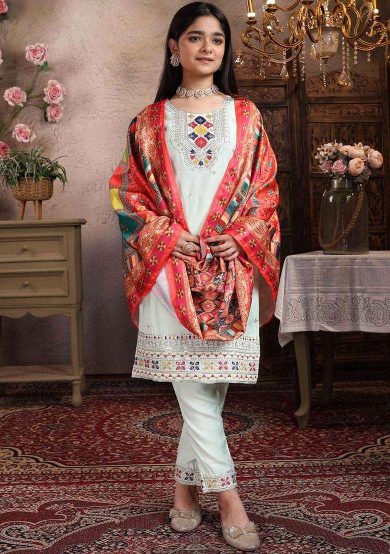 Lime Green Embroidered Silk Kurta Set For Girls - Indya