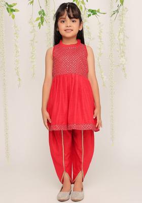 Red Embroidered Silk Kurta Set For Girls