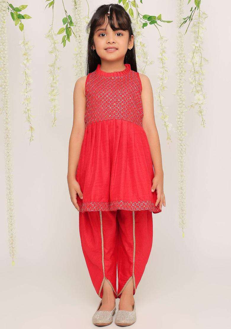 Red Embroidered Silk Kurta Set For Girls - Indya