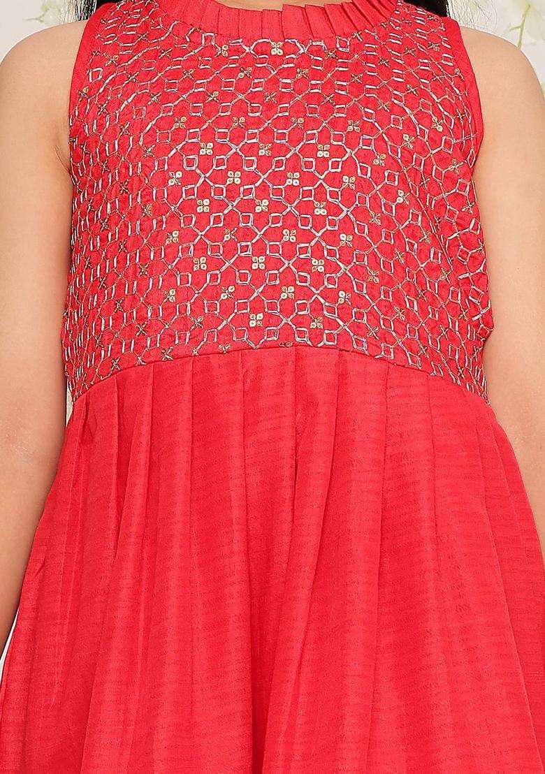 Red Embroidered Silk Kurta Set For Girls - Indya