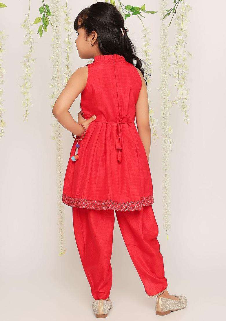 Red Embroidered Silk Kurta Set For Girls - Indya