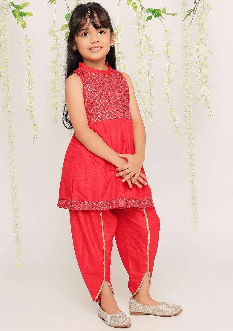 Red Embroidered Silk Kurta Set For Girls - Indya