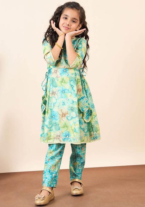 Green Printed Polyester Kurta Set For Girls — view on Indya