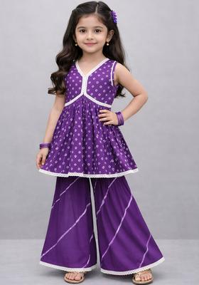 Purple Printed Silk Kurta Set For Girls