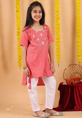 Peach Printed Cotton Kurta Set For Girls