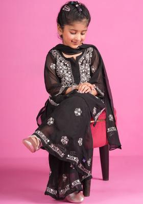 Black Embroidered Georgette Kurta Set For Girls