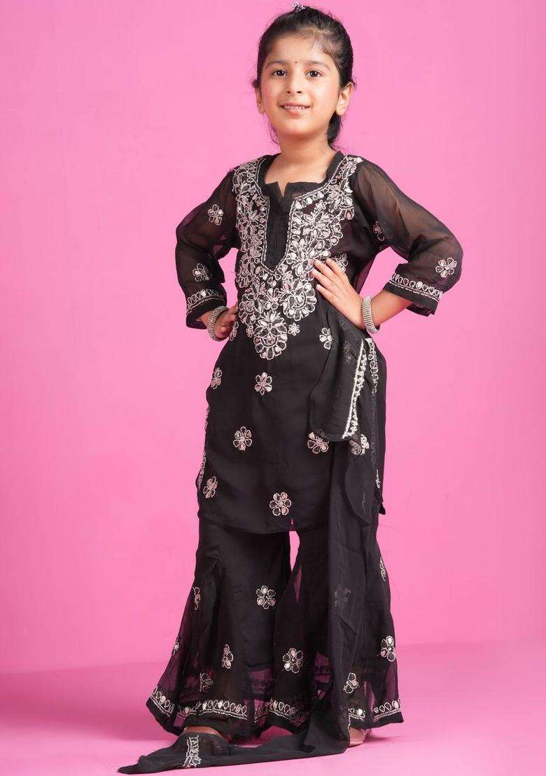 Black Embroidered Georgette Kurta Set For Girls - Indya