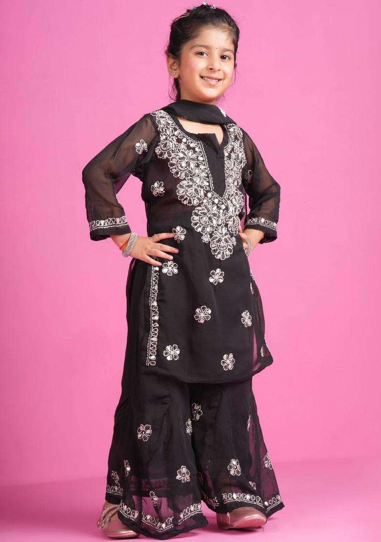 Black Embroidered Georgette Kurta Set For Girls - Indya