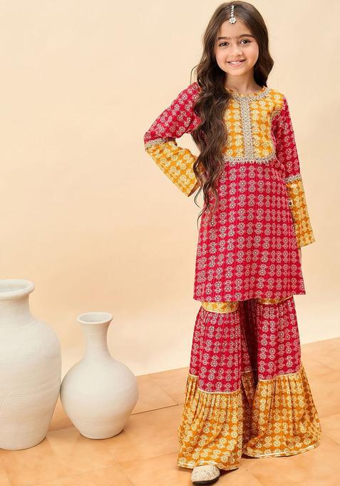 Yellow Printed Viscose Kurta Set For Girls — view on Indya