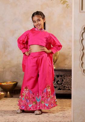 Pink Embroidered Silk Kurta Set For Girls