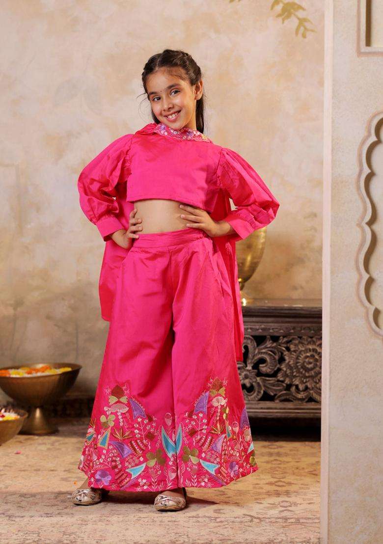 Pink Embroidered Silk Kurta Set For Girls - Indya