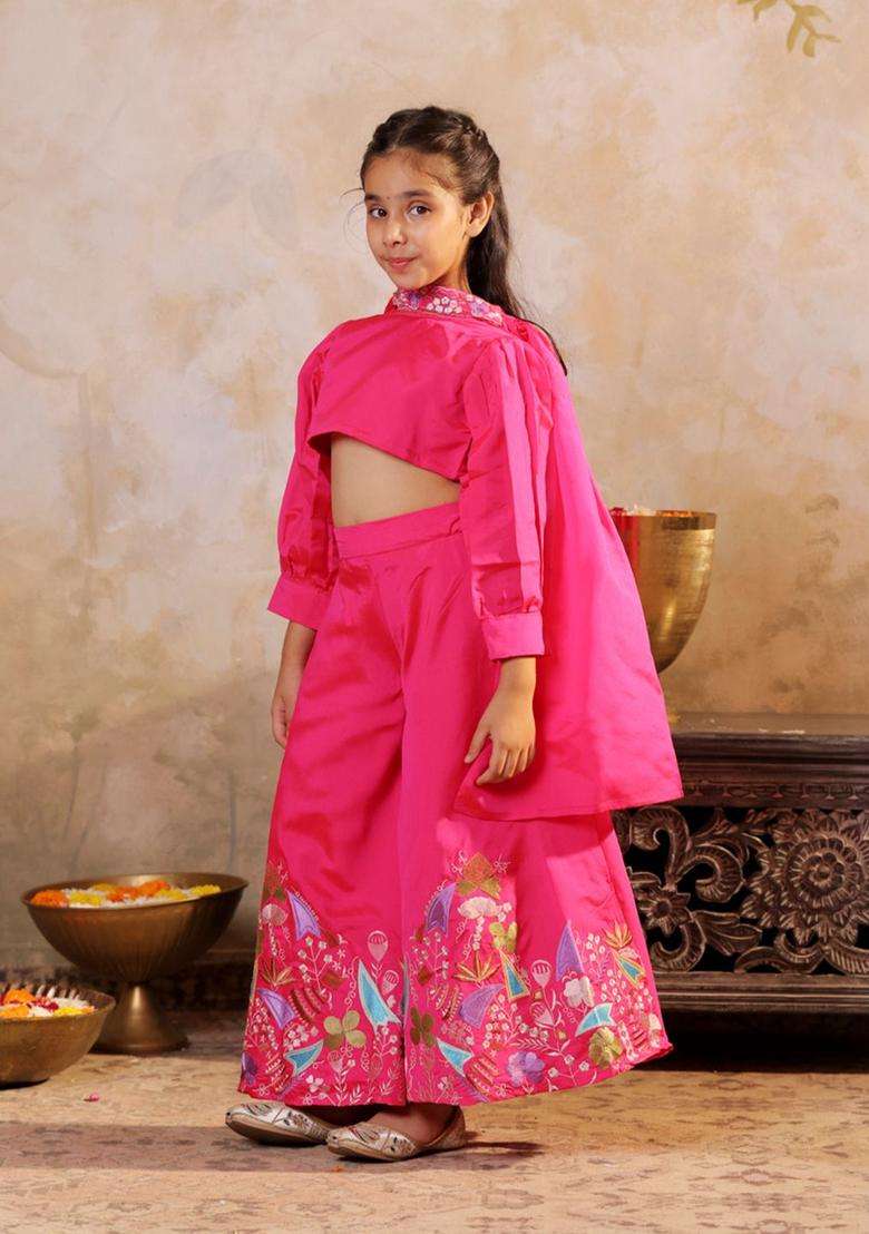 Pink Embroidered Silk Kurta Set For Girls - Indya
