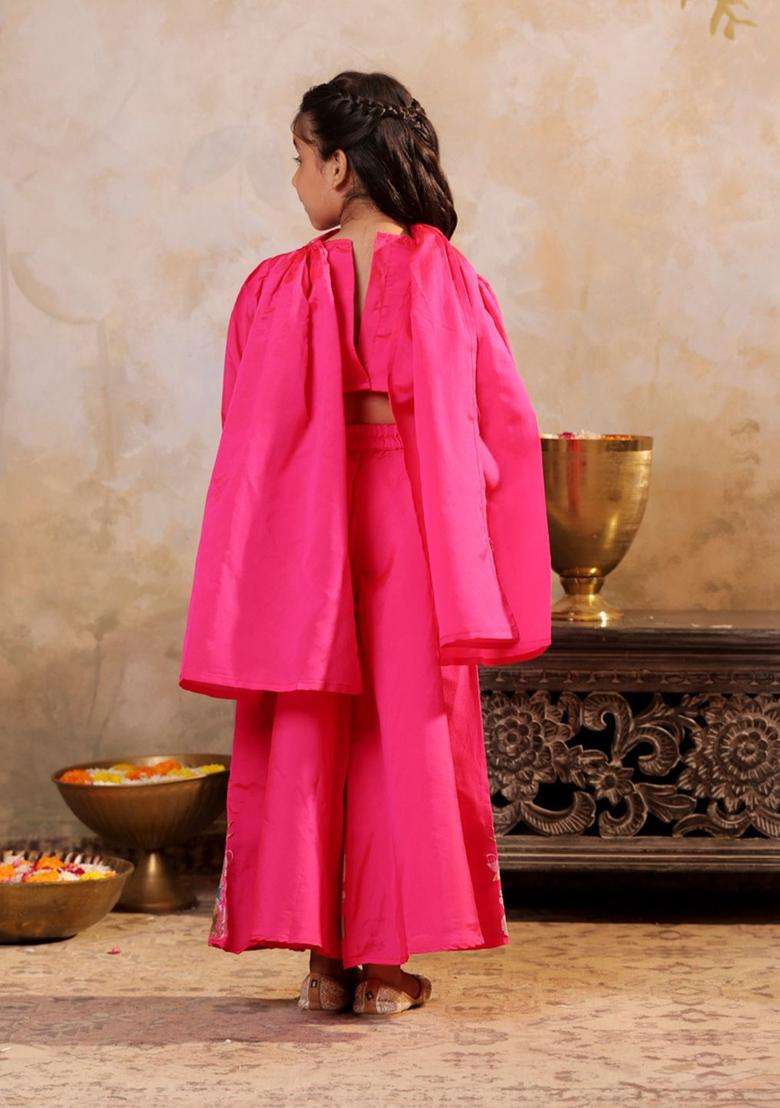 Pink Embroidered Silk Kurta Set For Girls - Indya