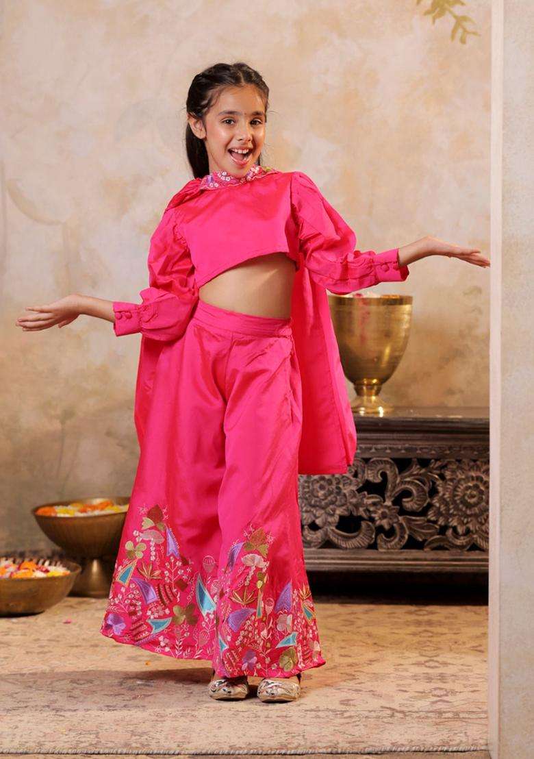 Pink Embroidered Silk Kurta Set For Girls - Indya
