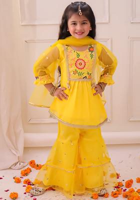 Yellow Embroidered Georgette Kurta Set For Girls