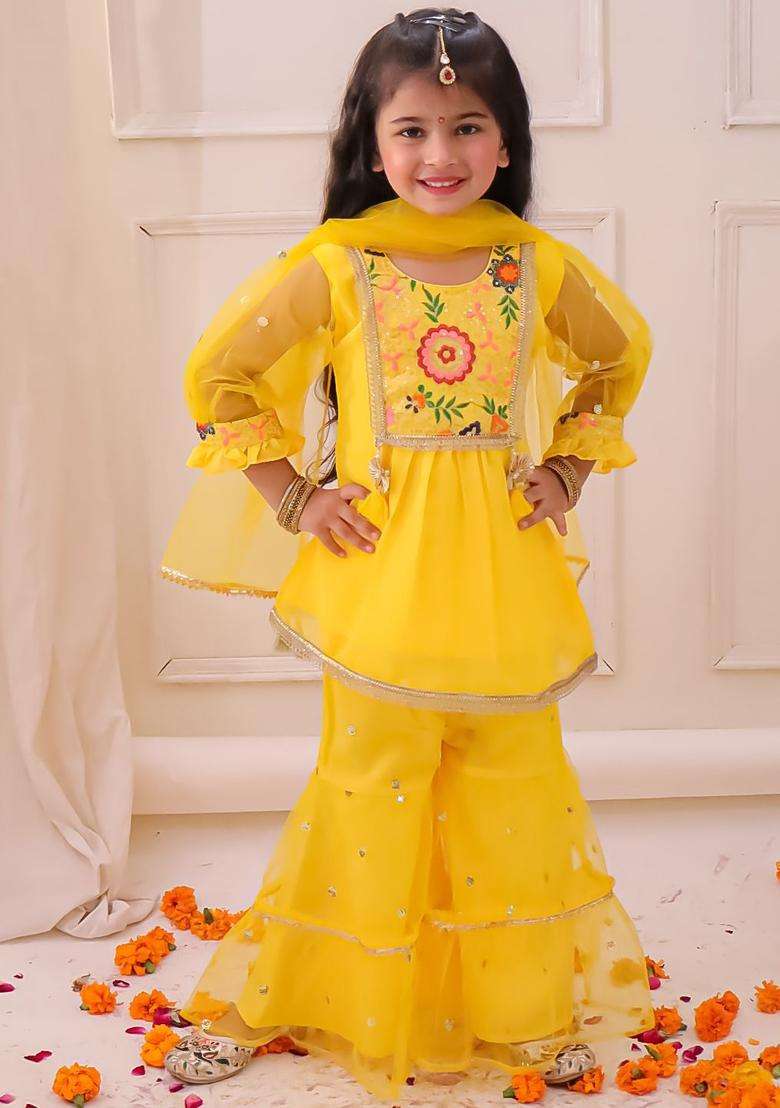 Yellow Embroidered Georgette Kurta Set For Girls - Indya