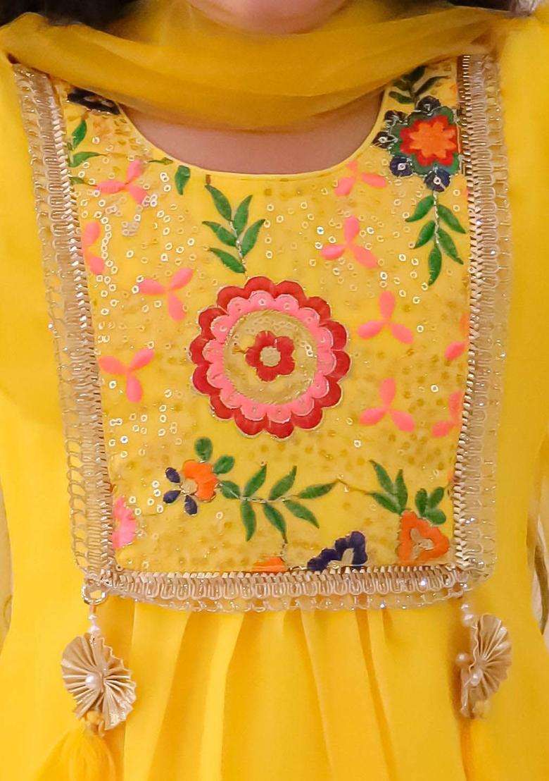 Yellow Embroidered Georgette Kurta Set For Girls - Indya