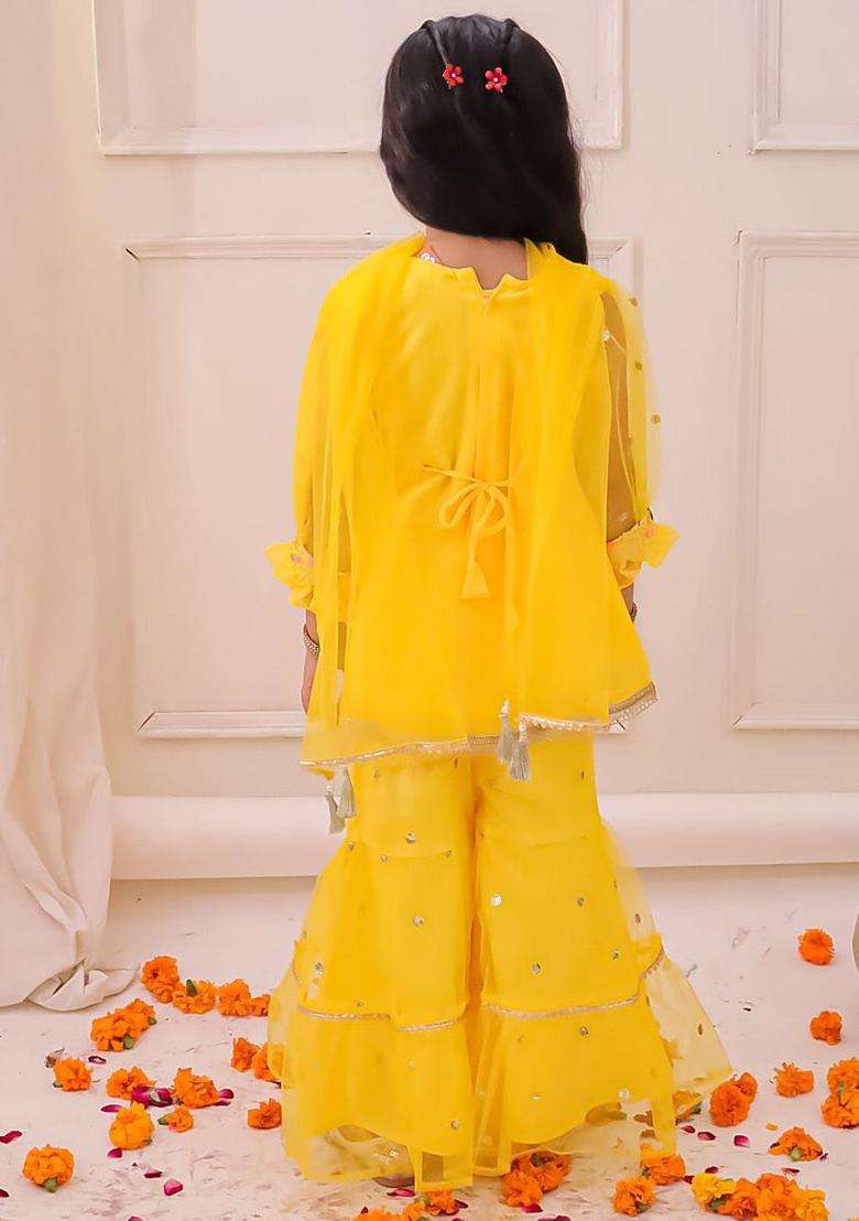 Yellow Embroidered Georgette Kurta Set For Girls - Indya