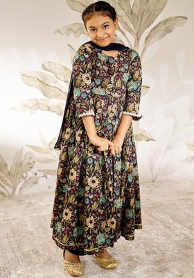 Black Printed Cotton Kurta Set For Girls