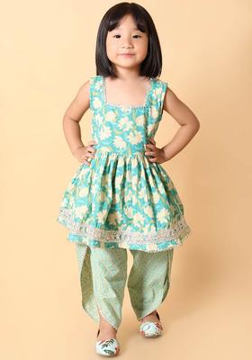 Green Printed Cotton Kurta Set For Girls
