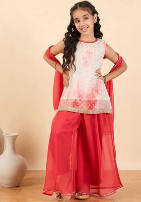 Red Printed Georgette Kurta Set For Girls