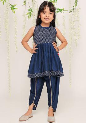 Navy Blue Embroidered Silk Kurta Set For Girls