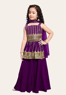 Purple Embroidered Georgette Kurta Set For Girls