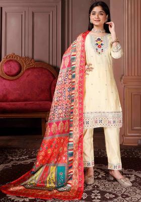 Yellow Embroidered Silk Kurta Set For Girls