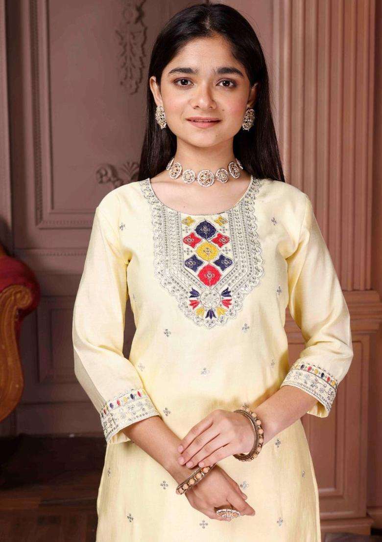 Yellow Embroidered Silk Kurta Set For Girls - Indya