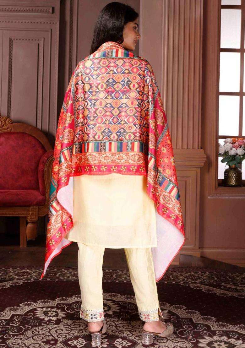Yellow Embroidered Silk Kurta Set For Girls - Indya
