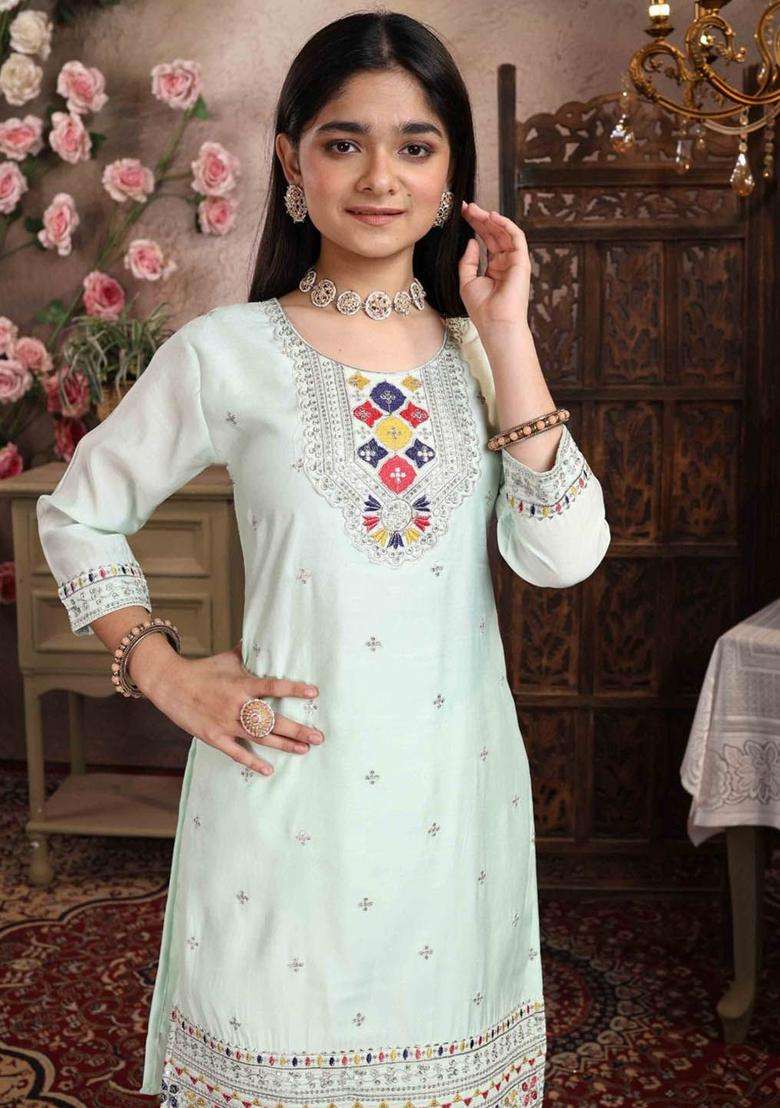 Lime Green Embroidered Silk Kurta Set For Girls - Indya