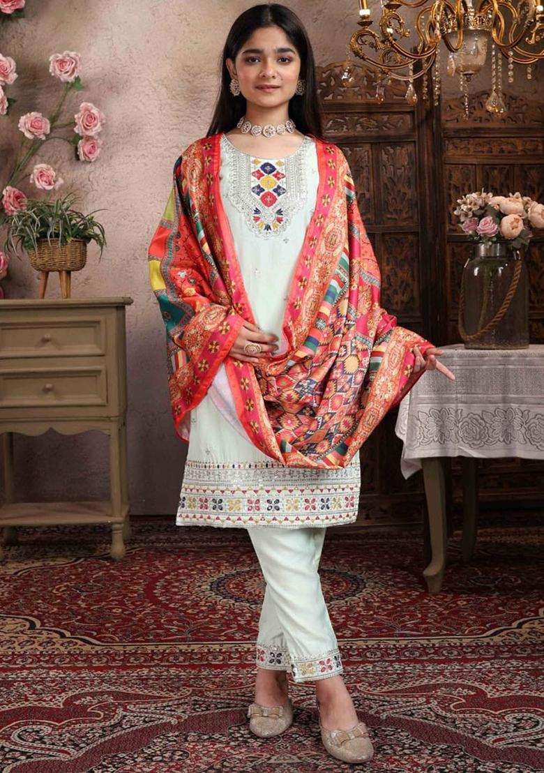 Lime Green Embroidered Silk Kurta Set For Girls - Indya