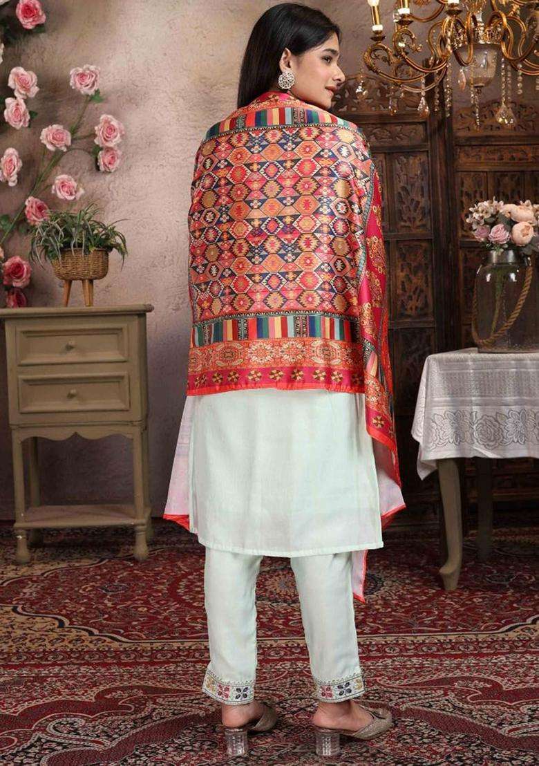 Lime Green Embroidered Silk Kurta Set For Girls - Indya