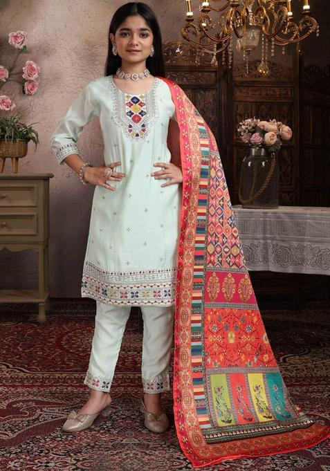Lime Green Embroidered Silk Kurta Set For Girls — view on Indya