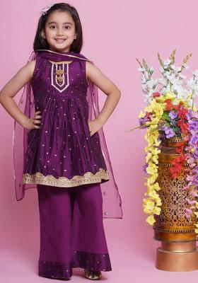 Purple Self Design Silk Kurta Set For Girls