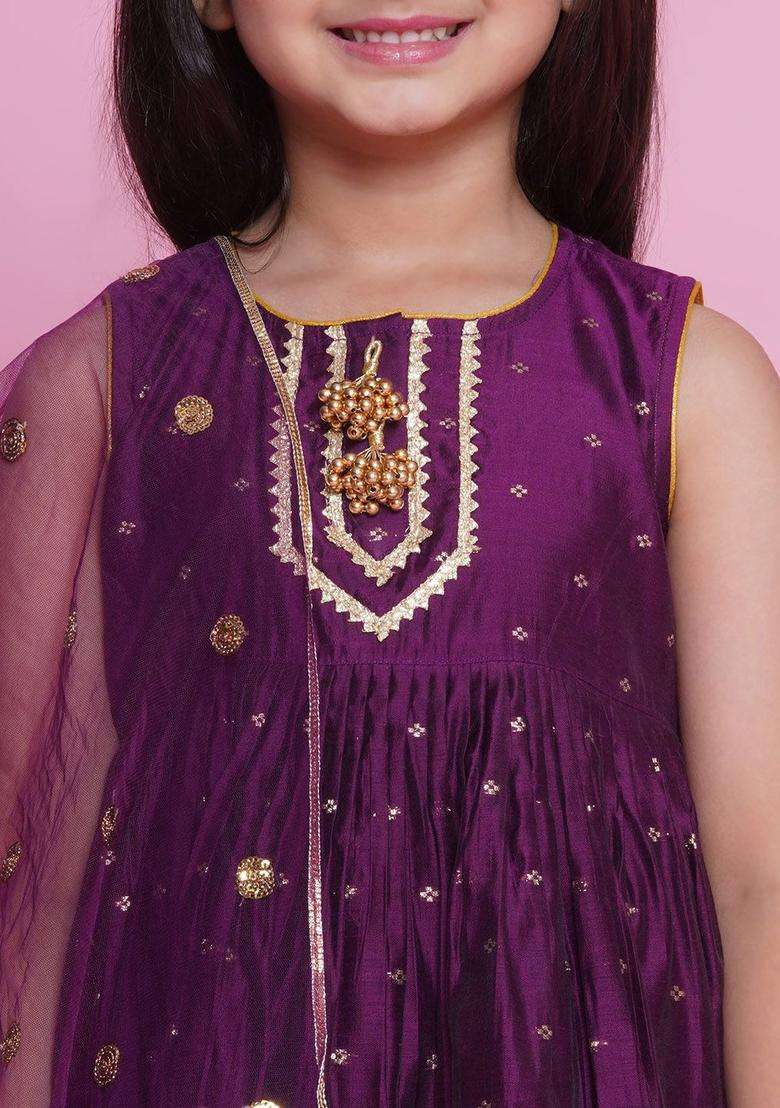 Purple Self Design Silk Kurta Set For Girls - Indya