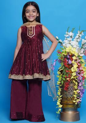 Maroon Self Design Silk Kurta Set For Girls