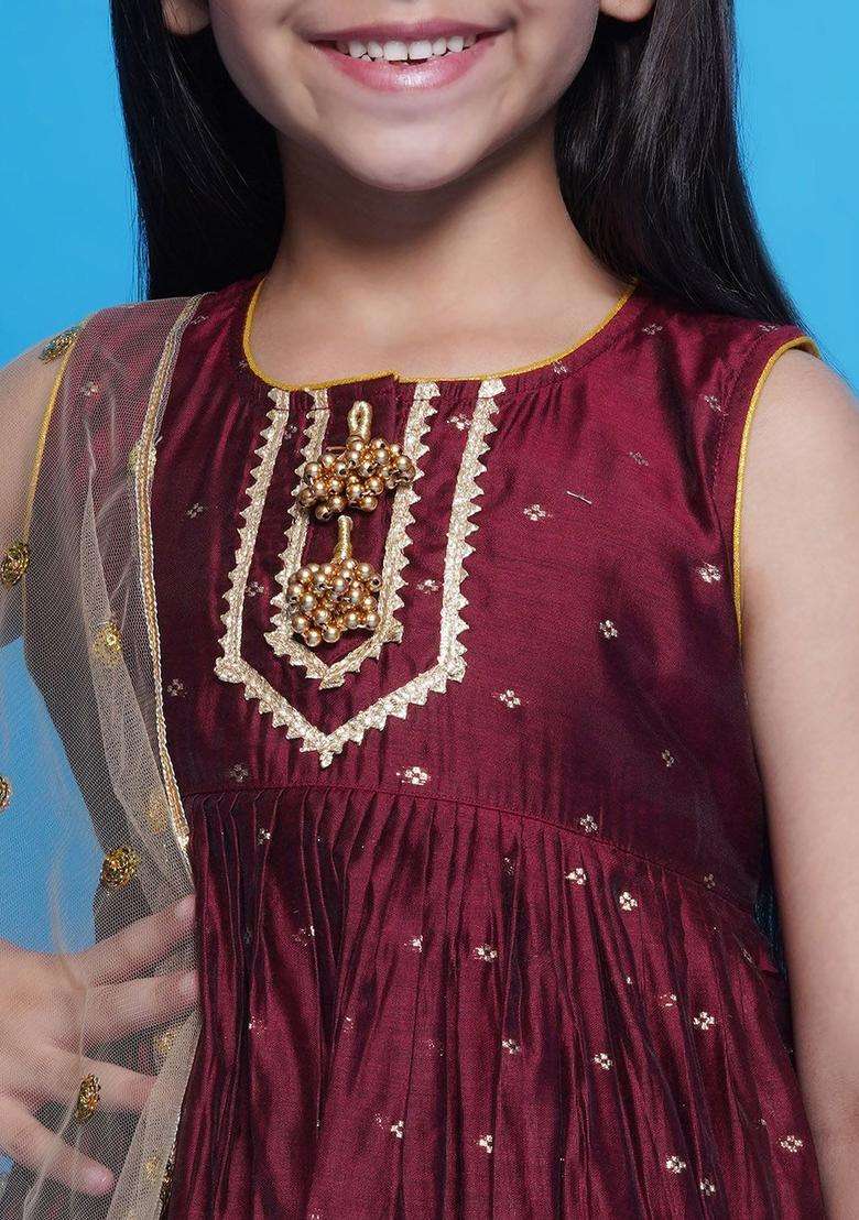 Maroon Self Design Silk Kurta Set For Girls - Indya