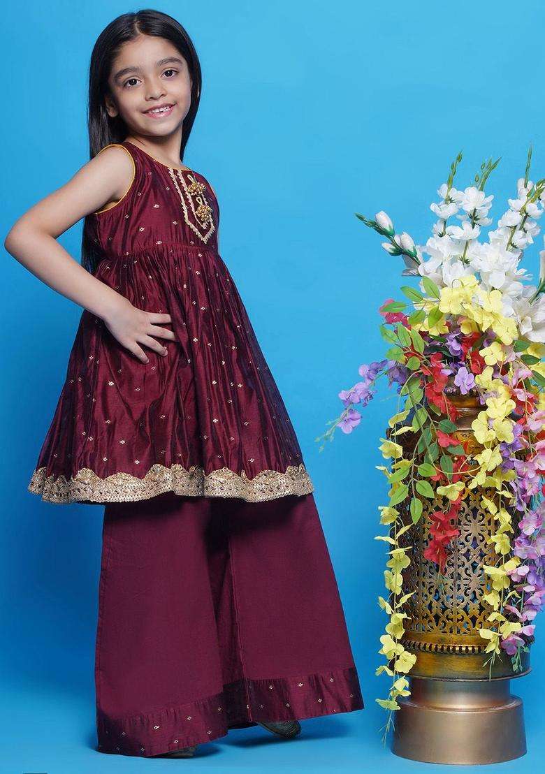 Maroon Self Design Silk Kurta Set For Girls - Indya