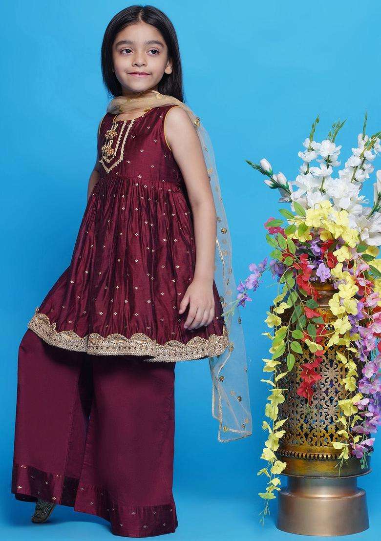 Maroon Self Design Silk Kurta Set For Girls - Indya