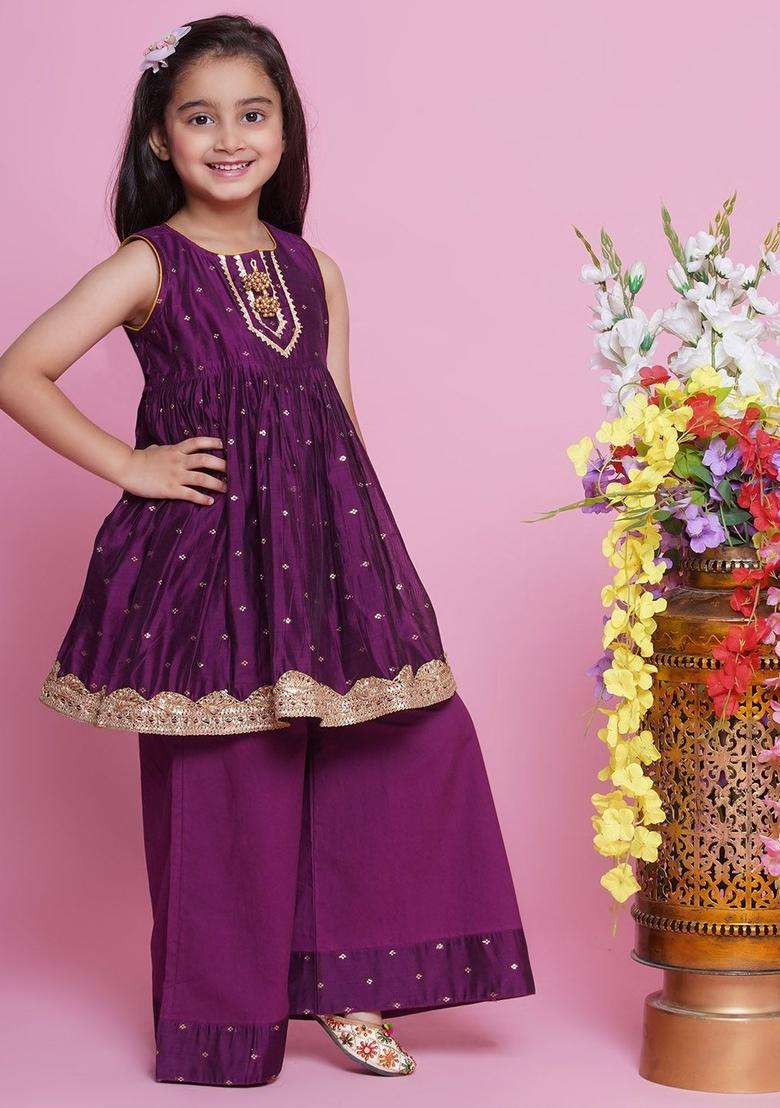 Purple Embroidered Silk Kurta Set For Girls - Indya